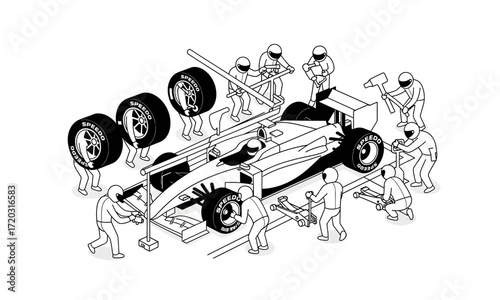 Isometric black and white line art illustration of a pit crew servicing a modern race car.