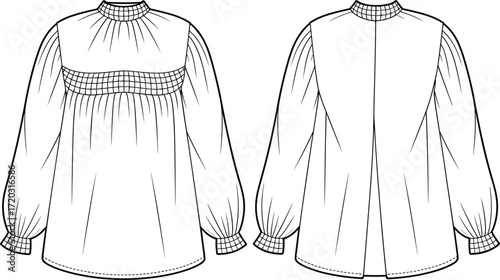 Smocked yoke blouse illustration, technical fashion sketch, gathered sleeve design, high collar detail, front and back view, garment construction reference