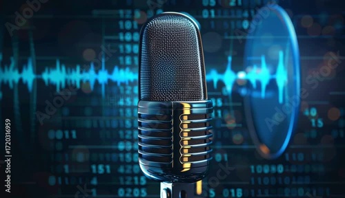old-fashioned broadcasting microphone used in voice over recordings or radio station shows on digital background