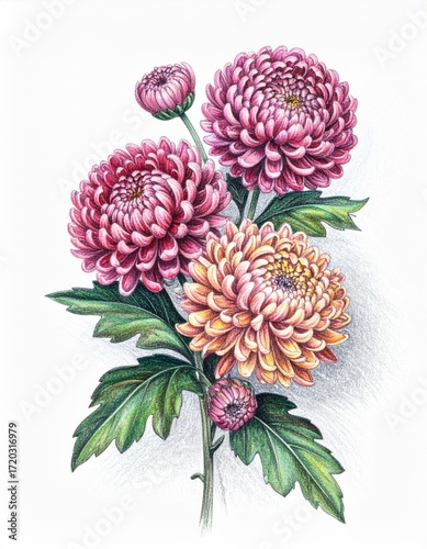 Detailed Floral Arrangement featuring Purple and Yellow Chrysanthemums with Green Leaves on a White