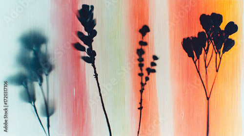 Silhouette of plants against a colorful blurred background. The image features the silhouetted flowers against a backdrop of colourful vertical stripes in warm colors, creating a striking contrast.