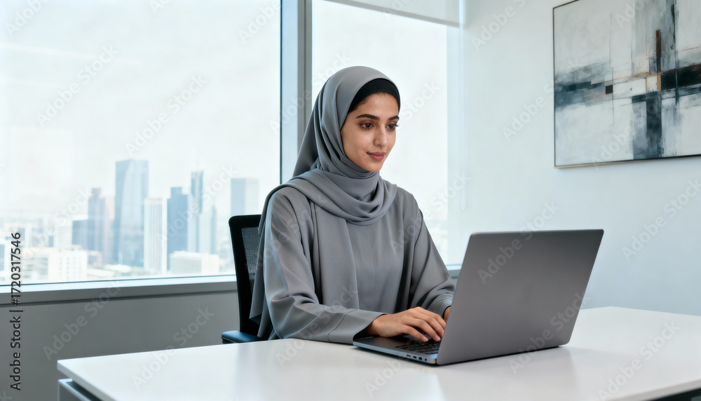 custom made wallpaper toronto digitalEmirati woman in hijab working on laptop in office setting