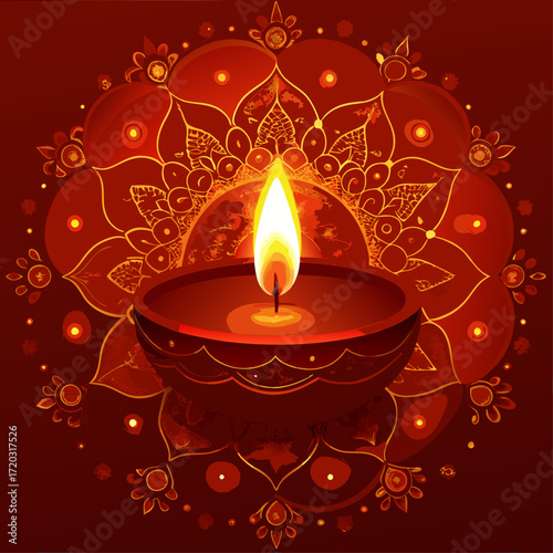 Vibrant Diwali Celebration A Mandala of Lit Diyas Illuminating a Festive Orange Backdrop