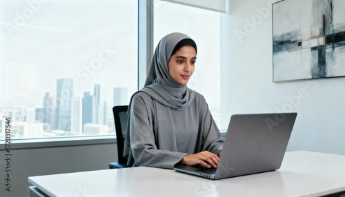 Emirati woman in hijab working on laptop in office setting