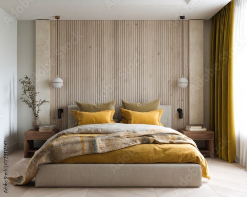 scandi eclectic bedroom, brushed brass wall panel, dusty mustard bedding, travertine nightstands, olive velvet curtain, accent niche light