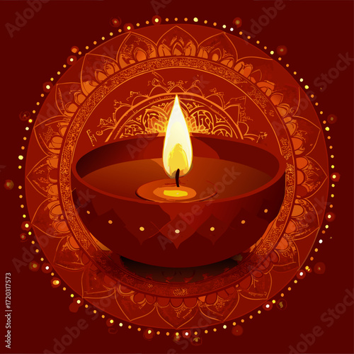 Vibrant Diwali Celebration A Mandala of Lit Diyas Illuminating a Festive Orange Backdrop