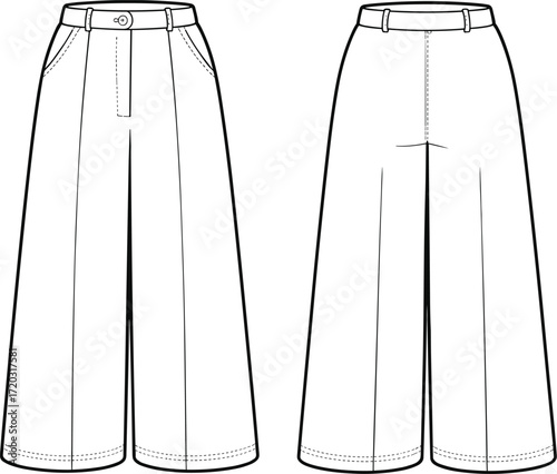 Wide-leg trousers illustration, technical fashion sketch, men’s pants vector, pleated front design, high waist detail, garment construction reference