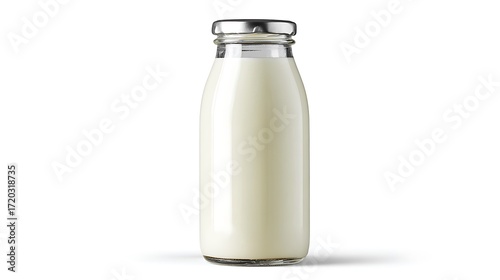 Clear glass bottle filled with fresh white milk on a white background