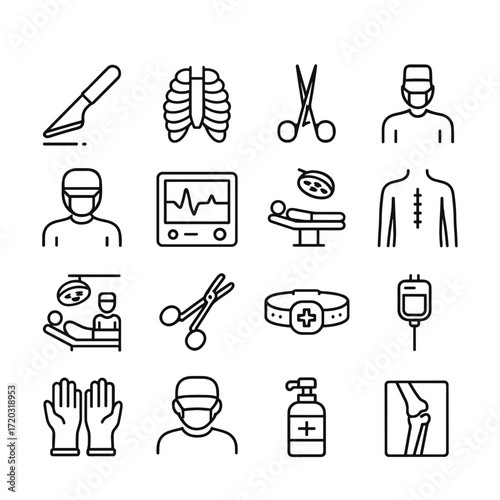 Surgery medical icons vector collection set. Outline symbols. Line design