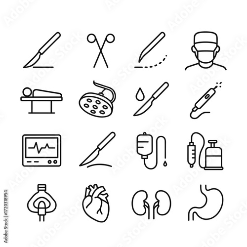 Medical surgery procedure icons vector set. Outline symbols. Line design