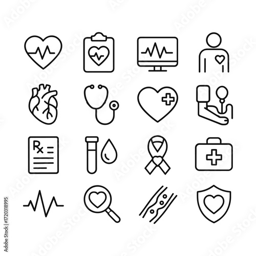 Heart cardiology medical care icons vector set. Outline symbols. Line design