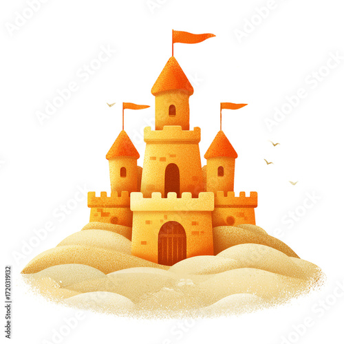Illustration of sand castle with flags isolated on transparent background, a symbol of summer fun