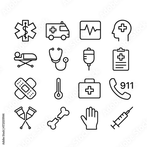 Emergency healthcare icon collection. Outline symbols. Line design