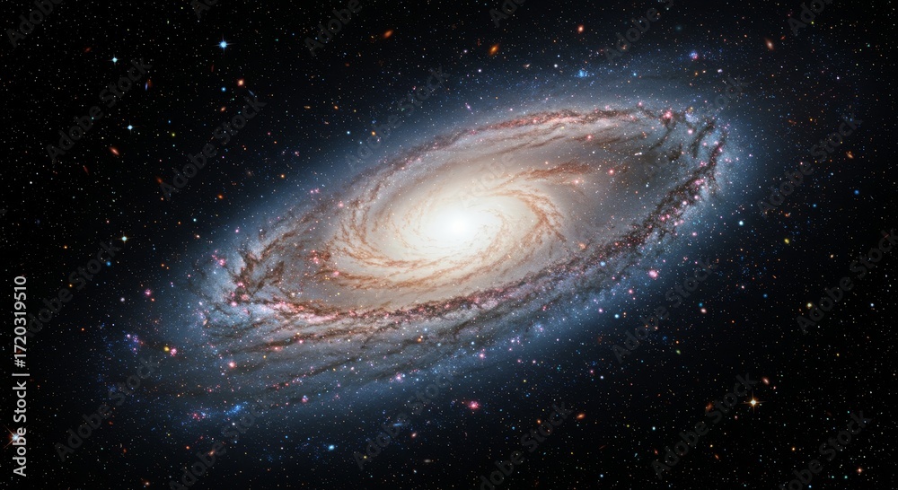 Obraz premium A breathtaking deep space photo of a large spiral galaxy with a bright glowing core, golden inner arms, and a shimmering blue outer halo filled with star-forming regions. Perfect for astronomy themes,
