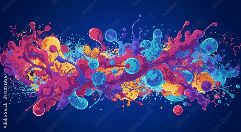 Obraz premium Energetic splash of multicolored paint and liquid shapes on a deep blue background, creating a feeling of motion and creativity. Great for creative advertising, art events, and modern design projects.