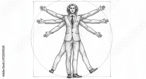 A creative pencil drawing inspired by Leonardo da Vinci’s Vitruvian Man. A modern businessman in a suit stands with multiple arms and legs extended inside a circle and square, symbolizing balance betw