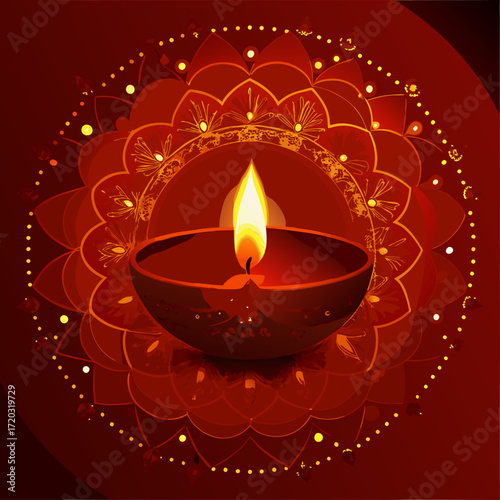 Vibrant Diwali Celebration A Mandala of Lit Diyas Illuminating a Festive Orange Backdrop