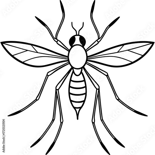 Simple Mosquito Outline Vector Drawing Isolated on White