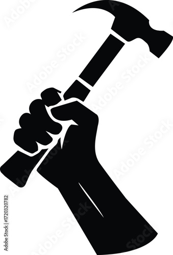 Strong hand grips hammer symbolizing power labor and industry art