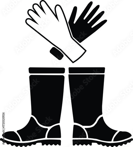 Gardening gloves and boots icon set for outdoor work and agriculture