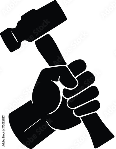 Hand holding a hammer silhouette symbol representing construction industry and labor work