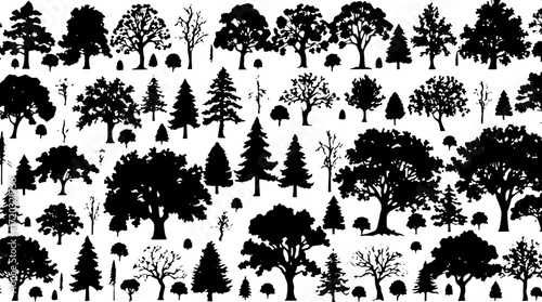Dense composition of intricate tree silhouettes arranged systematically in a grid-like pattern, with black silhouettes on a pure white background, showcasing various species with distinct shapes and s
