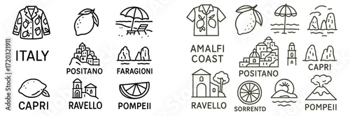 Explore Italy's Amalfi Coast with charming symbols from Positano, Ravello, and Capri featuring iconic landscapes and local culture