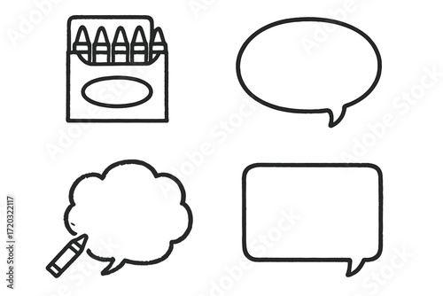 Creative art tools and speech bubbles ideal for children's education and storytelling