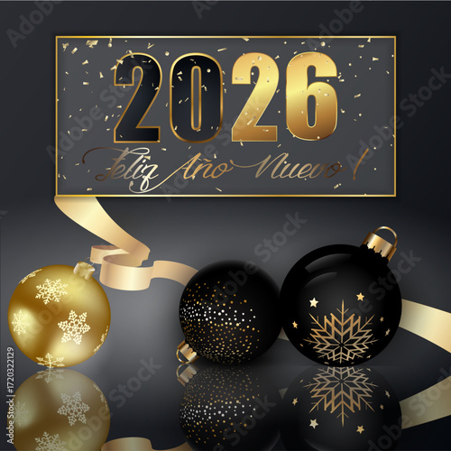 Tarjeta o pancarta para desear un feliz año nuevo 2026 en dorado y negro dentro de un rectángulo dorado adornado con confeti dorado sobre un fondo negro con adornos navideños negros y dorados.