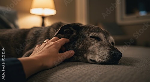 Gentle hand petting a sleeping senior dog in cozy dimly lit room