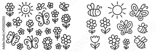Bright and cheerful doodles of flowers, bees, butterflies, and sunshine capturing a joyful spring vibe