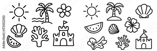 Colorful beach-themed doodles featuring sunshine, palm trees, seashells, sandcastles, and tropical fruits captured during a summer day