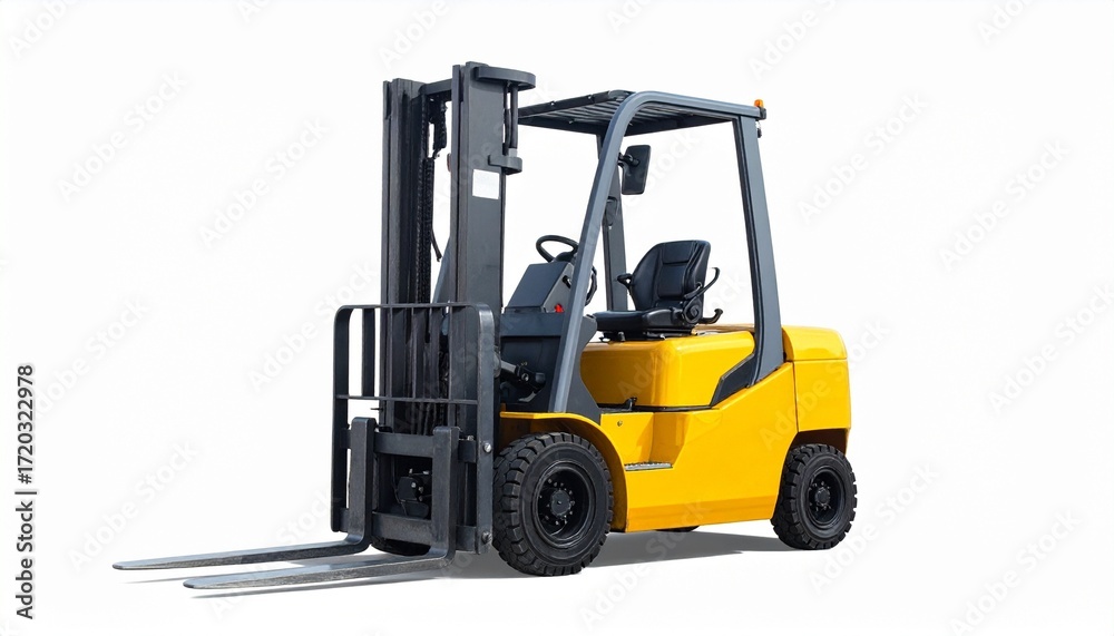 Fototapeta premium Yellow and black forklift with rugged tires and overhead guard on white surface, representing industrial strength and material handling.