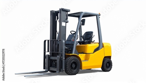 Yellow and black forklift with rugged tires and overhead guard on white surface, representing industrial strength and material handling.