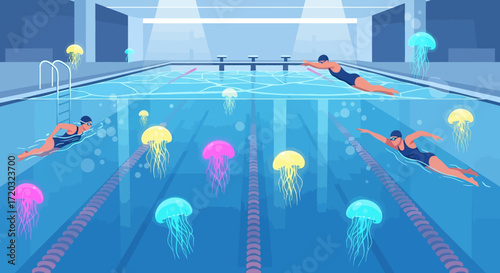 Three Swimmers Freestyle in Indoor Pool with Colorful Jellyfish