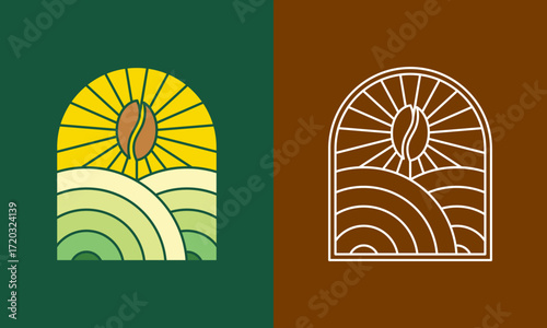  A unique logo with a coffee bean as the rising sun over stylized fields. Represents growth, freshness, and the natural origin of high-quality coffee. Perfect for brands focused on organic farming