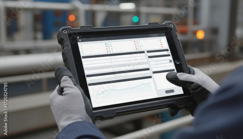 Professional hand holding a rugged tablet that acts as a digital clipboard. The screen displays a checklist, forms, and data entry fields. The background is a blurred industrial site.
