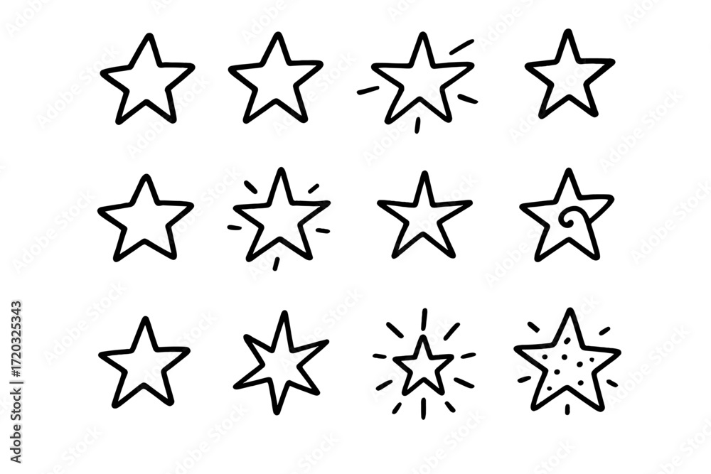 Fototapeta premium Various hand-drawn star designs with different styles and embellishments on a white background