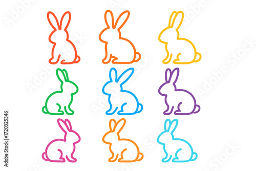 Colorful outlines of playful rabbits suitable for children's crafts or design projects during festive occasions