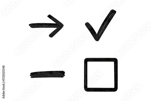 Symbols representing directional arrow, check mark, dashed line, and square outline in simple black ink style on a white background