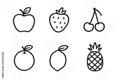 Various fruit illustrations including an apple, strawberry, cherries, orange, lemon, and pineapple in a simple design style