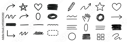 Unique collection of hand-drawn doodles featuring various shapes, lines, and symbols for creative design projects