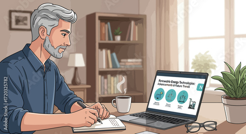 Mature man with grey hair and beard writing notes while studying renewable energy online.