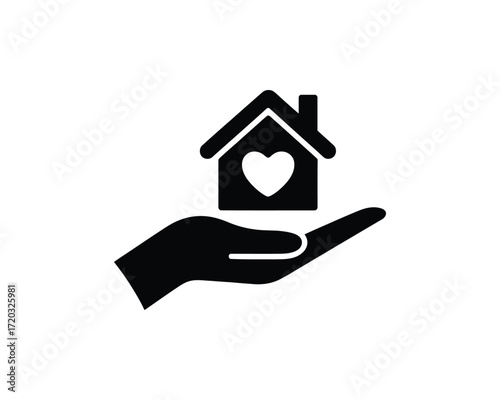 Simple black silhouette illustration of a hand holding a home icon with a heart, symbolizing charity, real estate, adoption, and safety