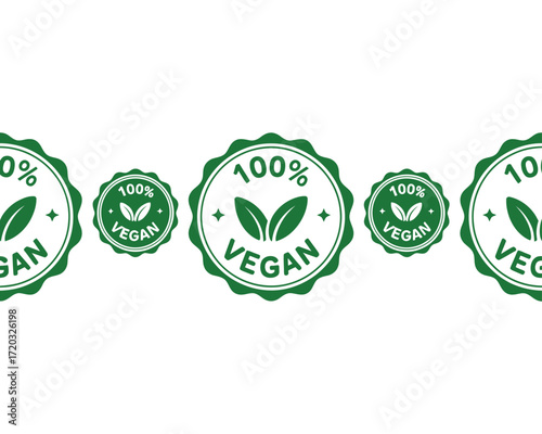 A repeating pattern of green circular 100% Vegan labels. This vector illustration of a food product seal is isolated on a white background