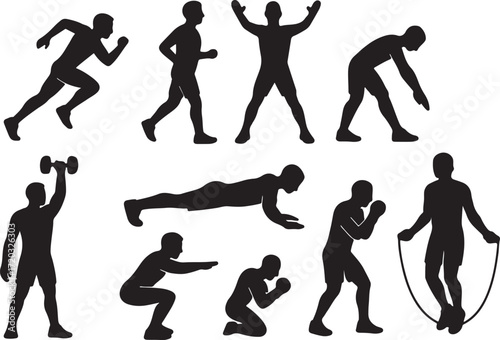 Silhouette Set of Male Athlete in Running, Stretching, Exercise, and Fitness Workout Poses in Minimalist Black and White Vector