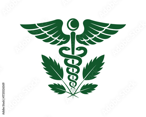 Caduceus symbol with leaves representing medical or pharmaceutical industry and healthcare