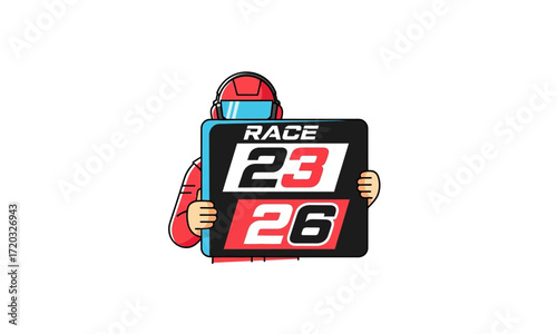 Racing Driver Holding Scoreboard with Numbers 23 and 26.