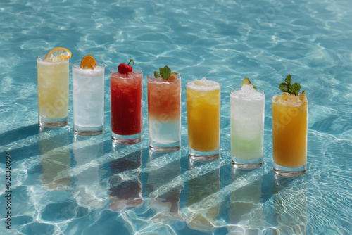 stunning array of  iconic cocktails held by cheerful individuals reflecting beautifully in shimmering water