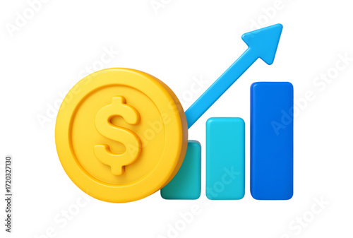 A golden dollar coin with an upward trending bar graph and arrow indicates financial growth and success